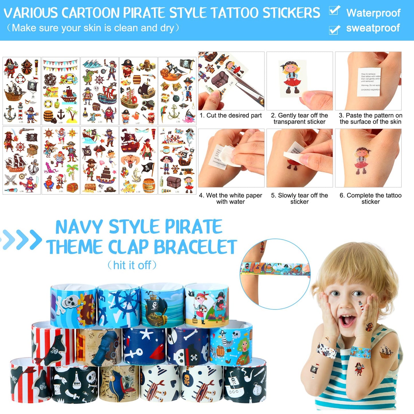 Spakon 280 Pcs Pirate Party Favors Birthday Supplies Decoration Include Pirate Keychain Ring Eye Mask Beard Tattoo Sticker Gold