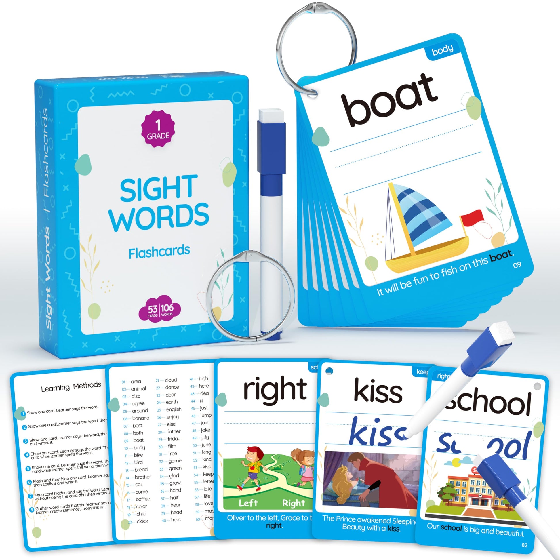 Wjpc 55 Cards, 106Pcs High Frequency First-Grade Sight Words Flash Cards, 1St Grade Phonics Learning Cards For 5,6,7,8 Years Ages Kids Boys, Girls Learn To Read, Write, Association, Sentence Making