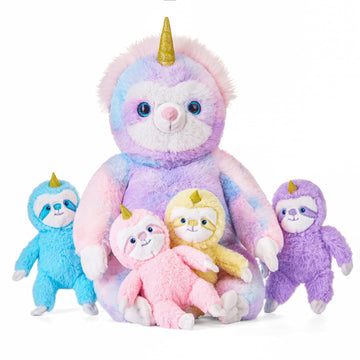 Ikasa Mommy Sloth Stuffed Animal Mom And Baby Plush Toy,Cute 20' Soft Small Fluffy Mama Family Set With Little Mini Babies,Gifts For Kids