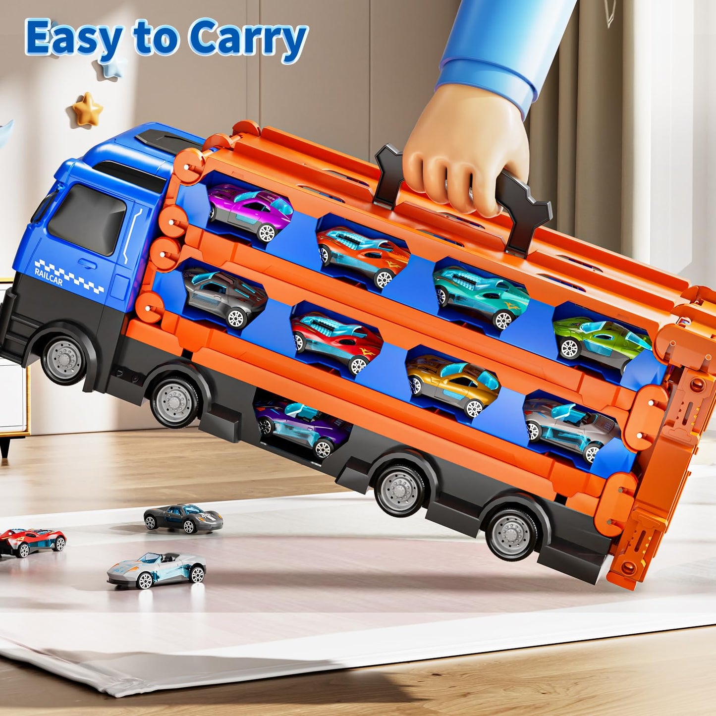 GYYCKTD Cars Truck Set Transport Toy for Kids, Race Track Set with 12 Die-Cast Cars, Trucks Playset, 2-Tier Launching Tracks, Ca