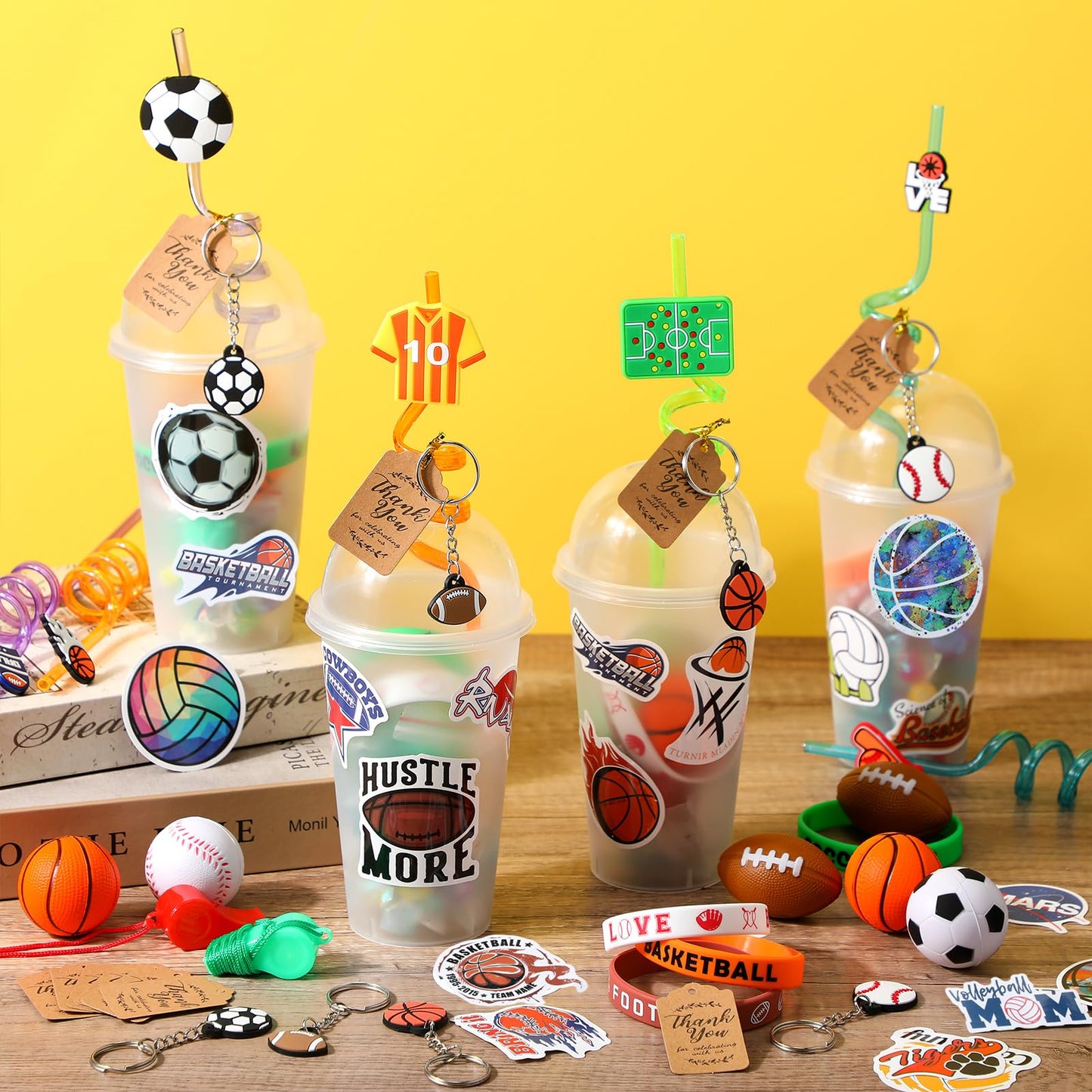 Weysat 184 Pcs Sport Party Favors, Sport Party Goodie Bag Fillers Cup Straw Sports Stress Ball Keychain Sticker Wristband Whistl
