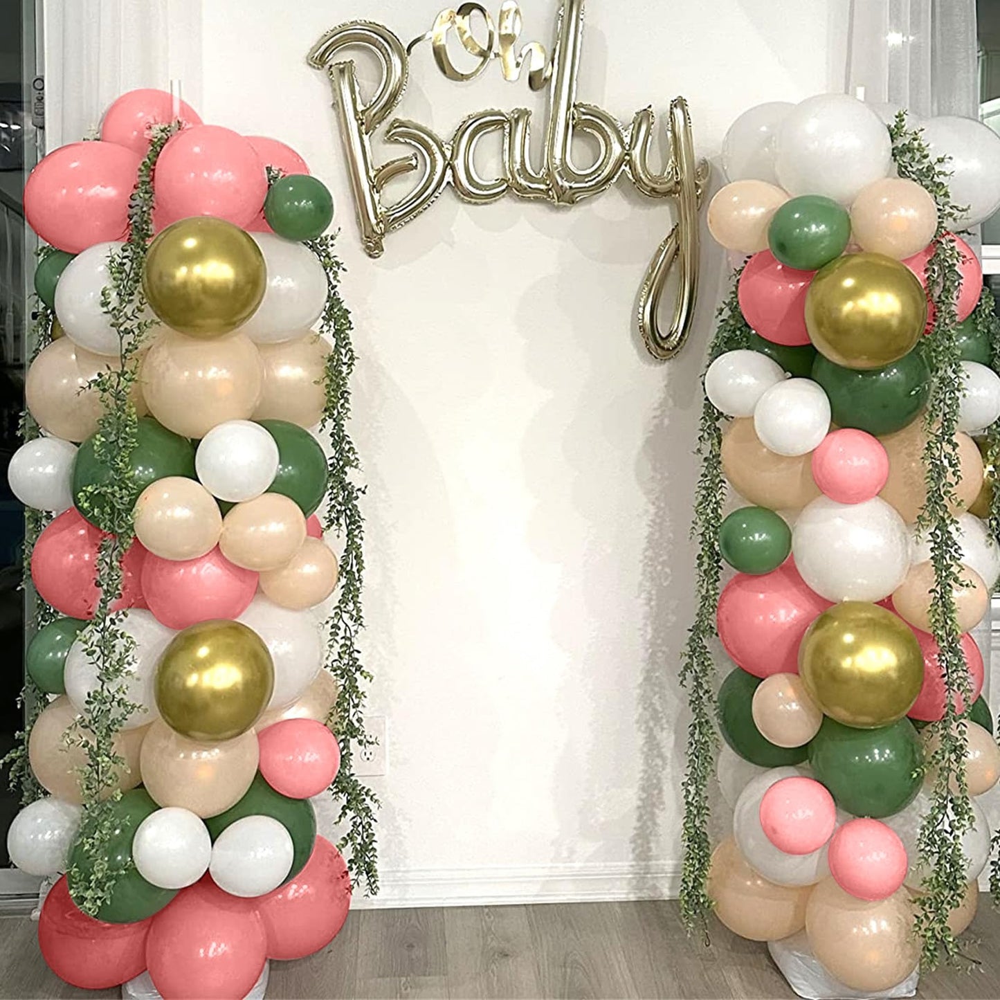 Retro Green Pink Balloons, 35Pcs Sage Green Dusty Pink Metallic Gold Latex Balloons Set, Olive Green Pink White Gold Confetti Ba