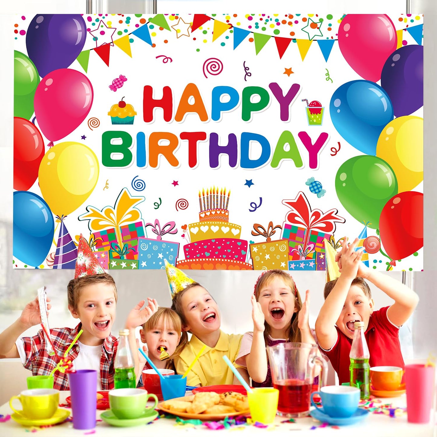 DIZHI Happy Birthday Backdrop Banner 7x5ft Vinyl Multicolor Party Decorations for Kids - DZ-22083102