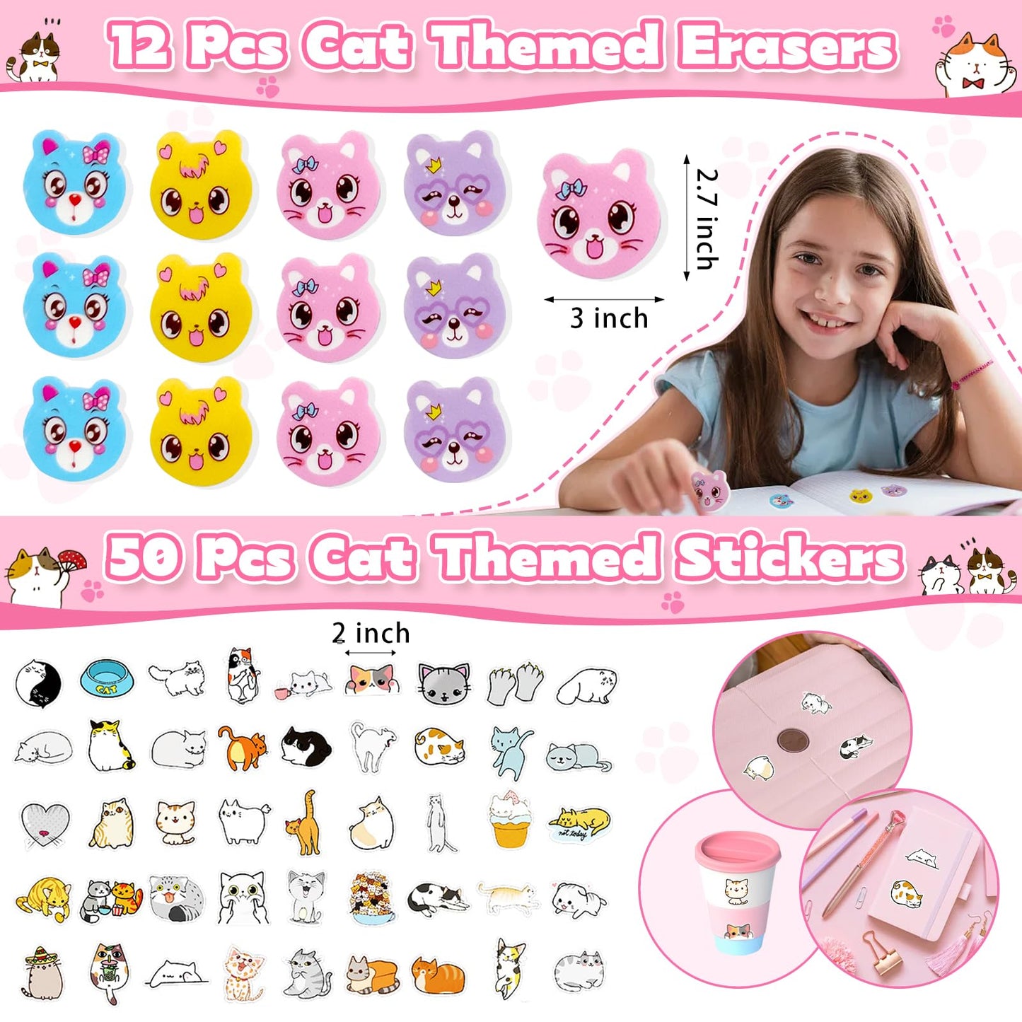 Joyvorite 158Pcs Cat Party Favors Set with Cat Headband Keychains Tattoo Stickers Erasers Slap Bracelets Hairpin Goodie Bags Cat