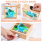 Piggy Bank For Boys, Wooden Dinosaur Piggy Bank For Kids Cartoon Money Bank Coin Bank With Diy Alphabet Stickers, Blue