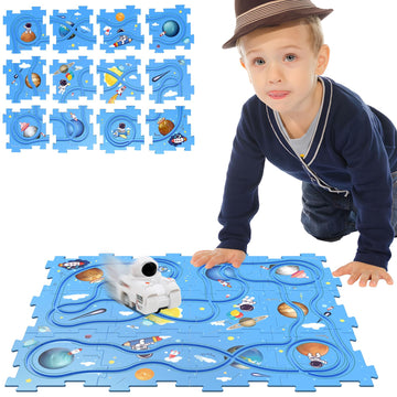 Puzzle Track Educational Play Set-Plastic Jigsaw Board & Battery Operated Toy Vehicles, Montessori Toys For Kids Ages 3-5, 2-4 Y