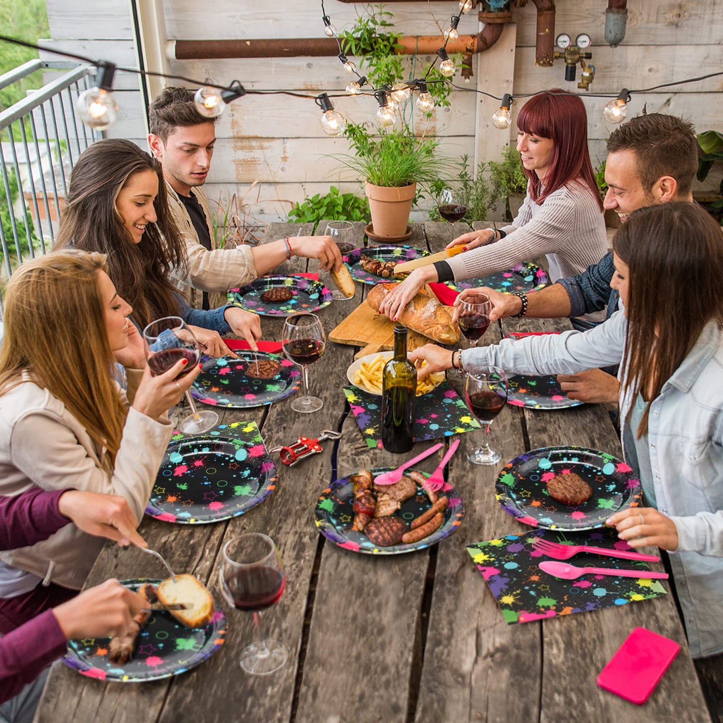 Spiareal 100 Pcs Glow Party Supplies Neon Party Plates Napkins Tableware Neon Glow Birthday Colorful Graffiti Party Decoration F