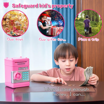 Evthsu Pink Electronic Atm Safe Piggy Bank For Kids - Real Money Savings Coin Bank With Code Lock & Password, Gift Money Box For