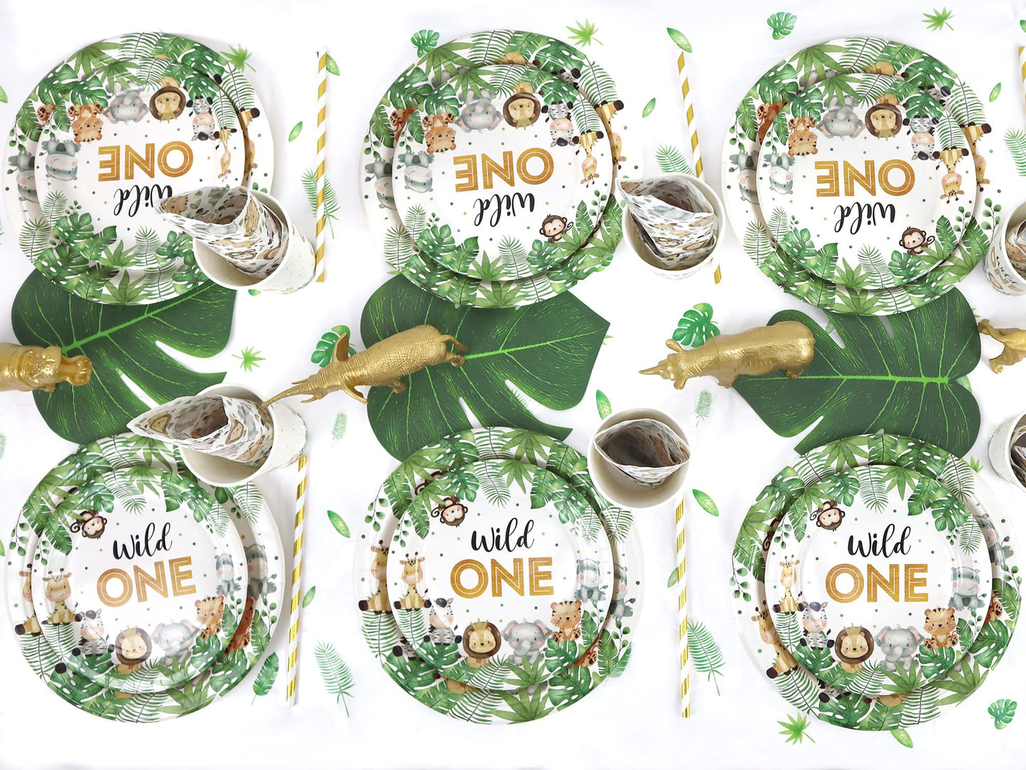 Heboland Wild One Birthday Decorations Plates Set for 25 Guests, Safari Jungle Theme Plates and Cups and Napkins Straws Sets Boy