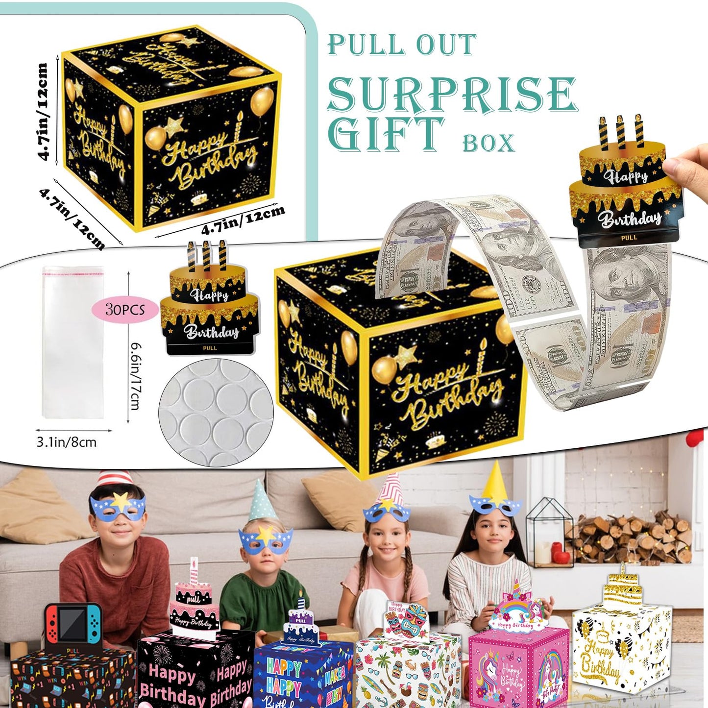 Birthday Money Box For Cash Gift Pull, Surprise Money Roll Gift Box With Pull Out Card And 30 Transparent Bags Diy Set, Funny Wa