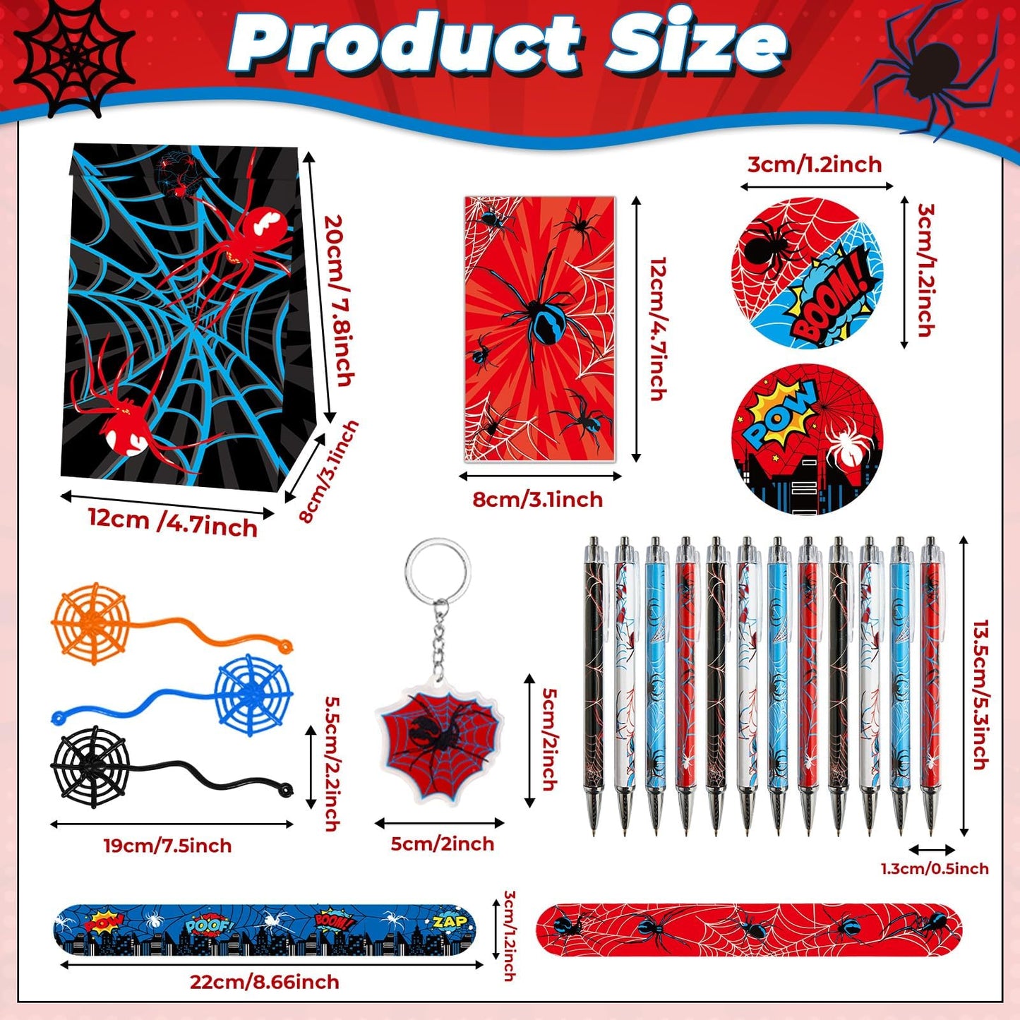 84pcs Spider Party Favors with Pens Notepads Paper Gift Bags Spider Web Key Chains Slap Bracelet Sticker Red Black Spider Themed