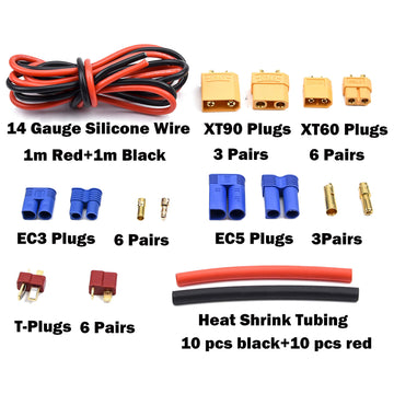 Readytosky XT60/XT90/EC3/EC5/T-Plug Male&Female Connector Adapters Kit+14AWG Silicone Wire+Shrink Tubings for RC ESC Motor Lipo