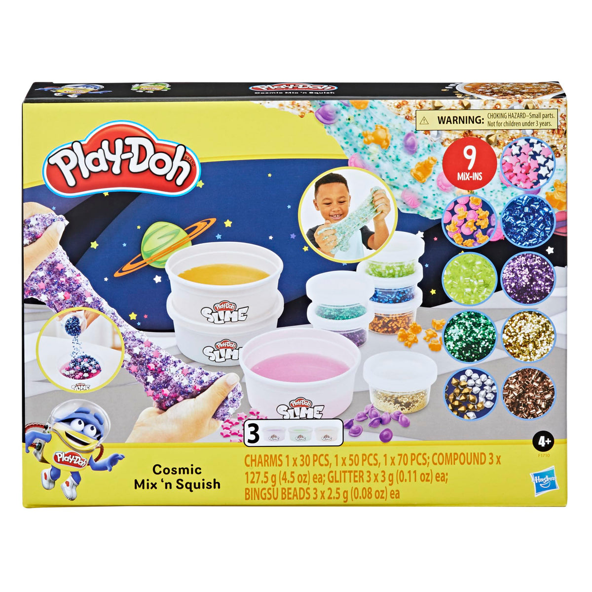 PlayDoh Slime Cosmic Mix n Squish Outer Space Toy Mixing Kit for Kids 4 Years and Up with 3 Colors and 9 Different Mixins, No