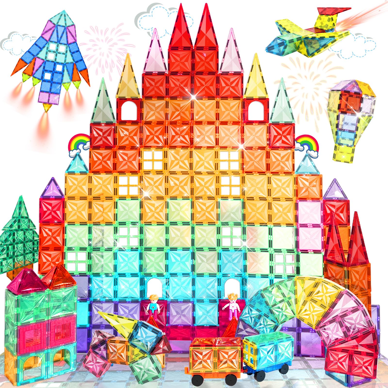 Paaxido Magnetic Tiles, 130PCS Magnetic Blocks Set with 2 Cars, 4D Diamond Magnet Building Blocks, STEM Preschool Educational Ma