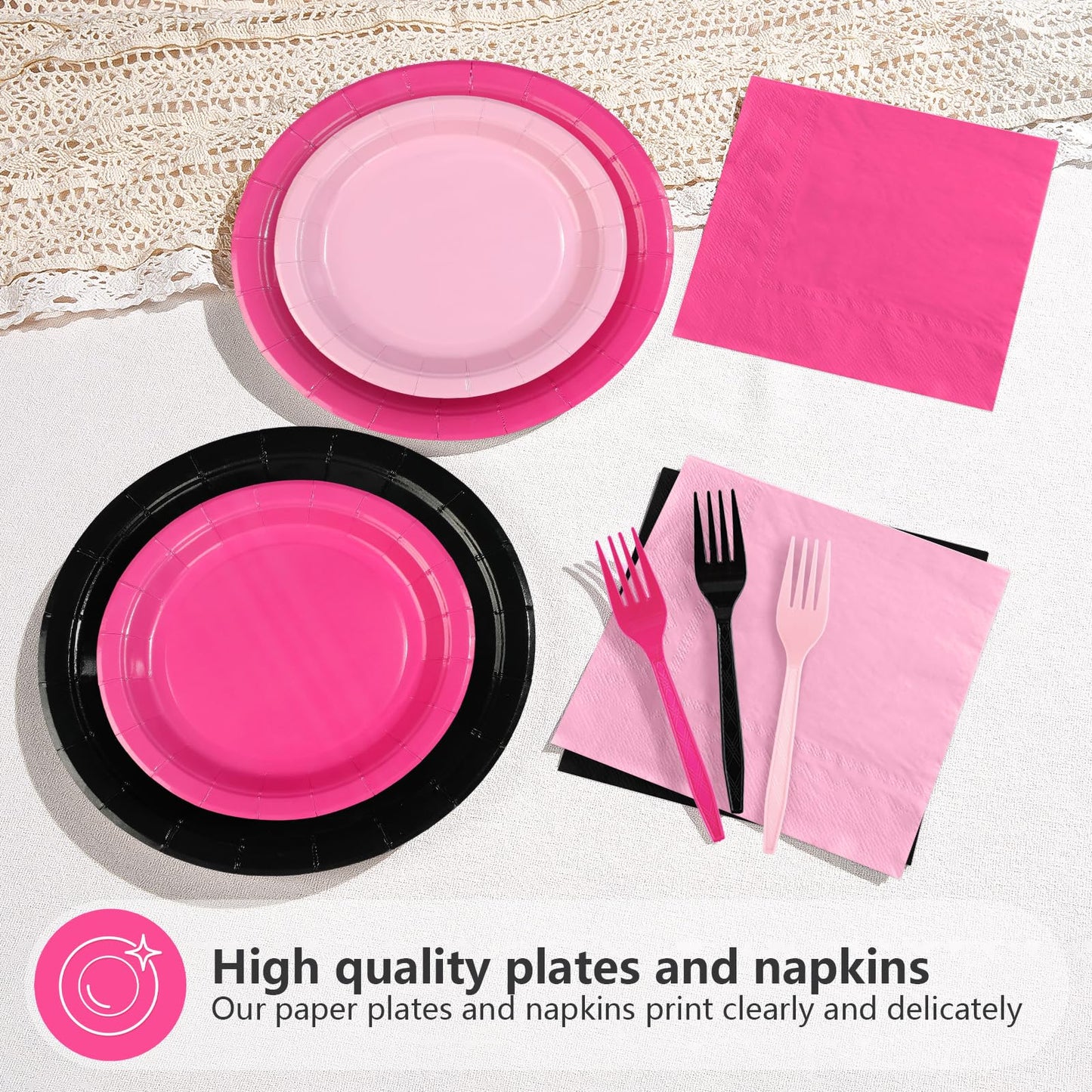 Grencian 96 Pcs Pink and Black Birthday Decorations Hot Pink Party Plates and Napkins Disposable Heavy Duty Pink and Black Table