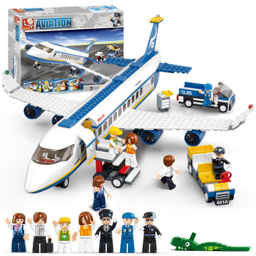 City Passenger Airplane Building Set, 4 In 1 Stem Toy With A Large Plane, Passenger Bus, Luggage Truck, Container Loader, And 7 Minifigures, Compatible With Lego Plane, Airport Gift For Boy 6+