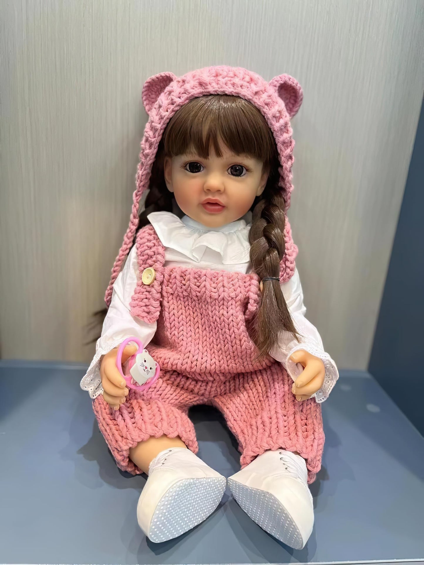 TERABITHIA 22 Inches Long Brown Hair Silicone Vinyl Full Body Anatomically Correct Lifelike Reborn Baby Doll Realistic Newborn Toddler Girl Dolls in Pink Woolen Set