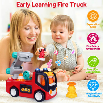 Baby Toys 12-18 Months Musical Fire Truck Toys For 1 Year Old Boys Girls Early Educational Learning Toy With Firefighting Tools/Music/Light Baby Toy Cars For 1 2 3 Year Old Boy Birthday Gifts