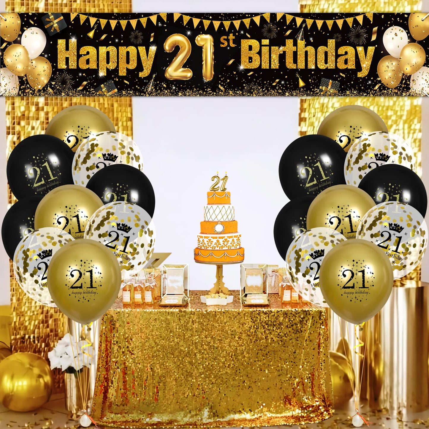 21St Birthday Decorations For Men Women Black And Gold, Black Gold Birthday Yard Balloon Banner Sign 18 Pcs 21Th Happy Birthday Balloons For 21 Anniversary Birthday Party Supplies Outdoor Yard Decor