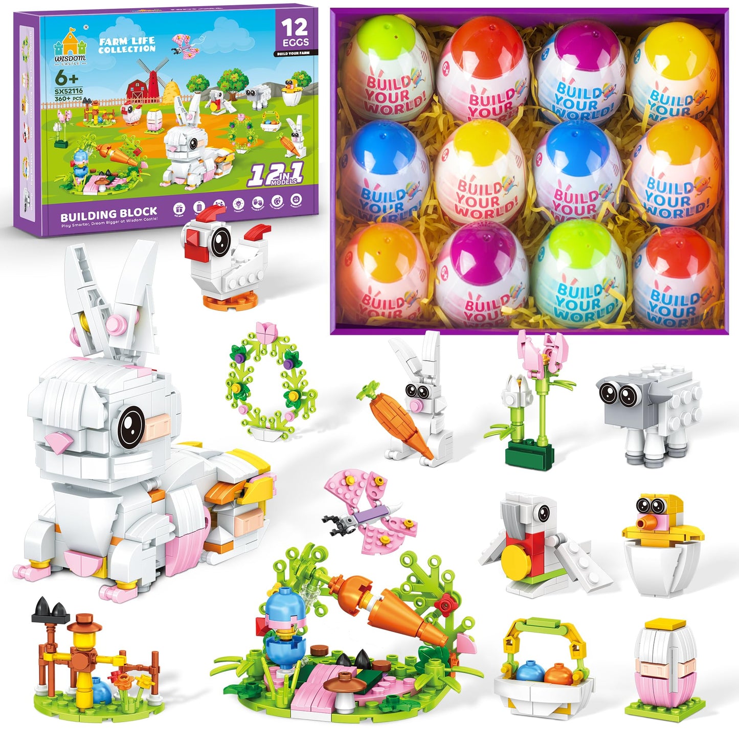 Easter Bunny Building Toy Set, Easter Gifts For Kids - 12-In-1 Rabbit Building Block With Prefilled Eggs, Includes Chick, Sheep,