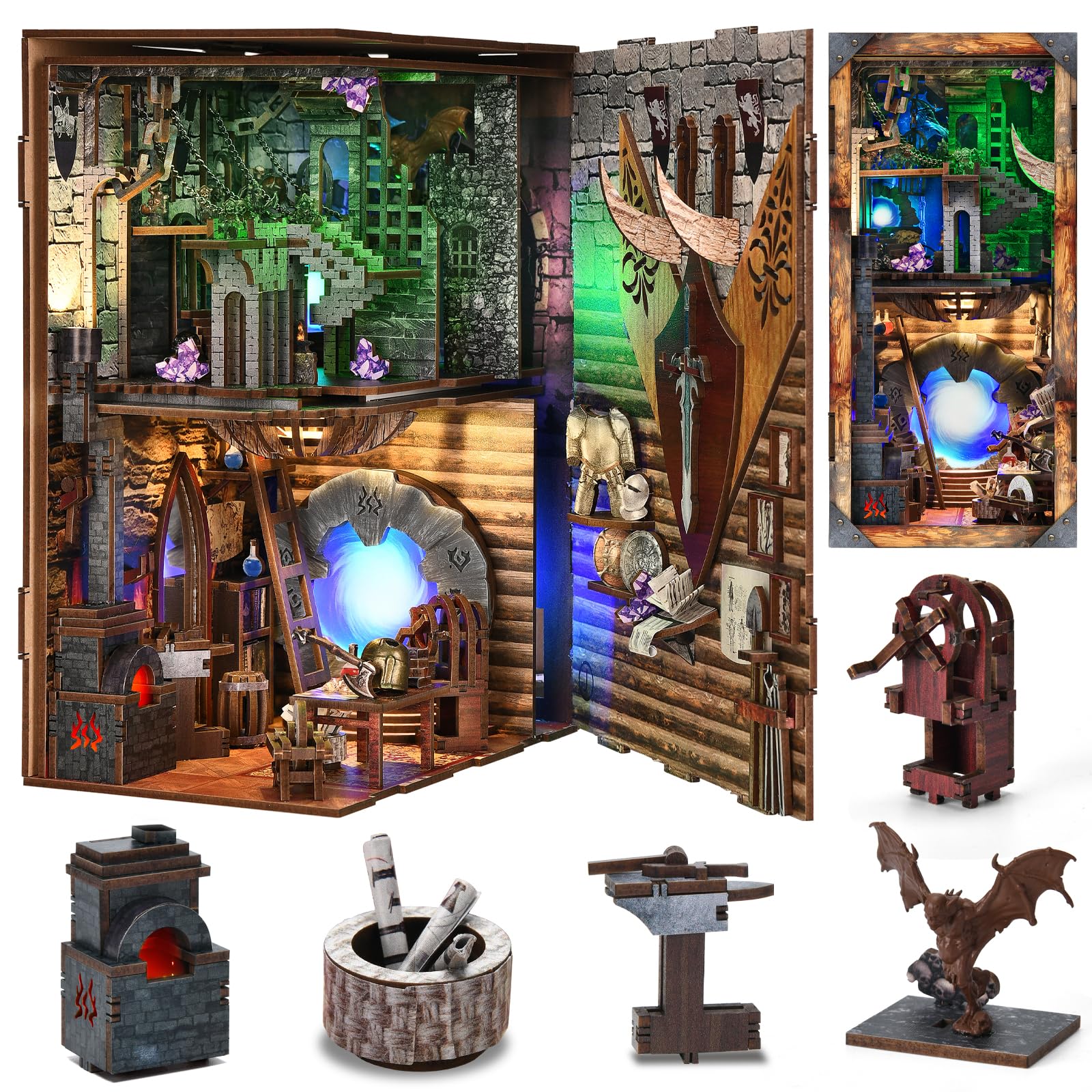MiniCity Book Nook Kit  DIY Miniature Dollhouse Booknook Kit  3D Wooden Puzzle Bookend Bookshelf Insert Decor with LED Light for Teens and mature-themeds (cutting edge and Magic)