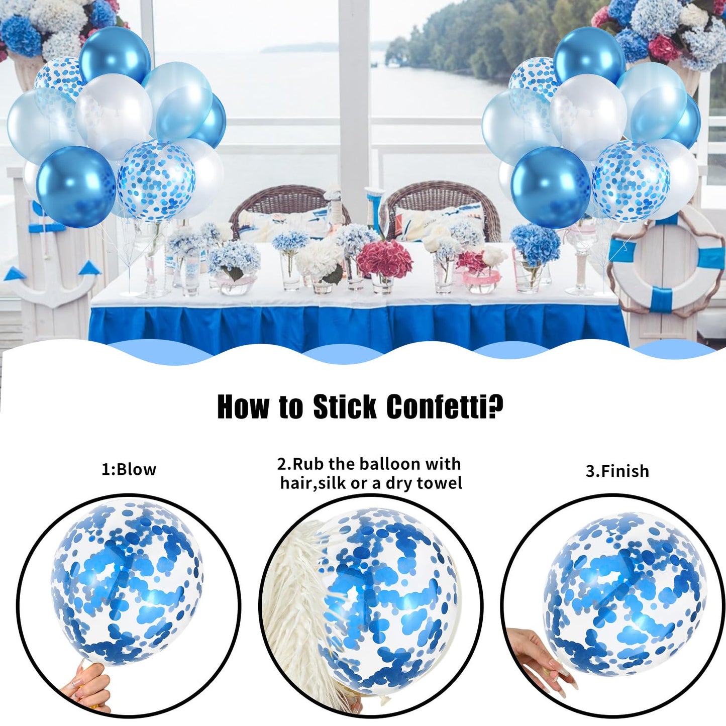 Blue And White Balloons, 60 Pcs Light Blue And White Balloons Set With Blue Confetti Metallic Blue Balloons, 12 Inch Pearl White