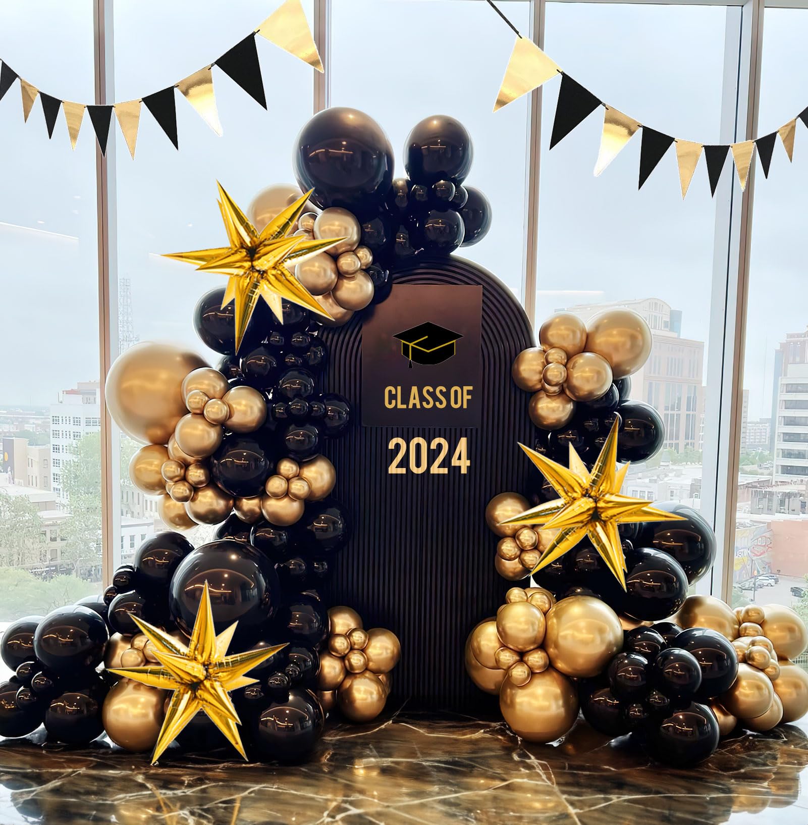 Black And Gold Balloons Garland Arch Kit 133Pcs With Starburst Myalr Balloons For Class Of 2024 Graduation Prom Party Men 30Th B