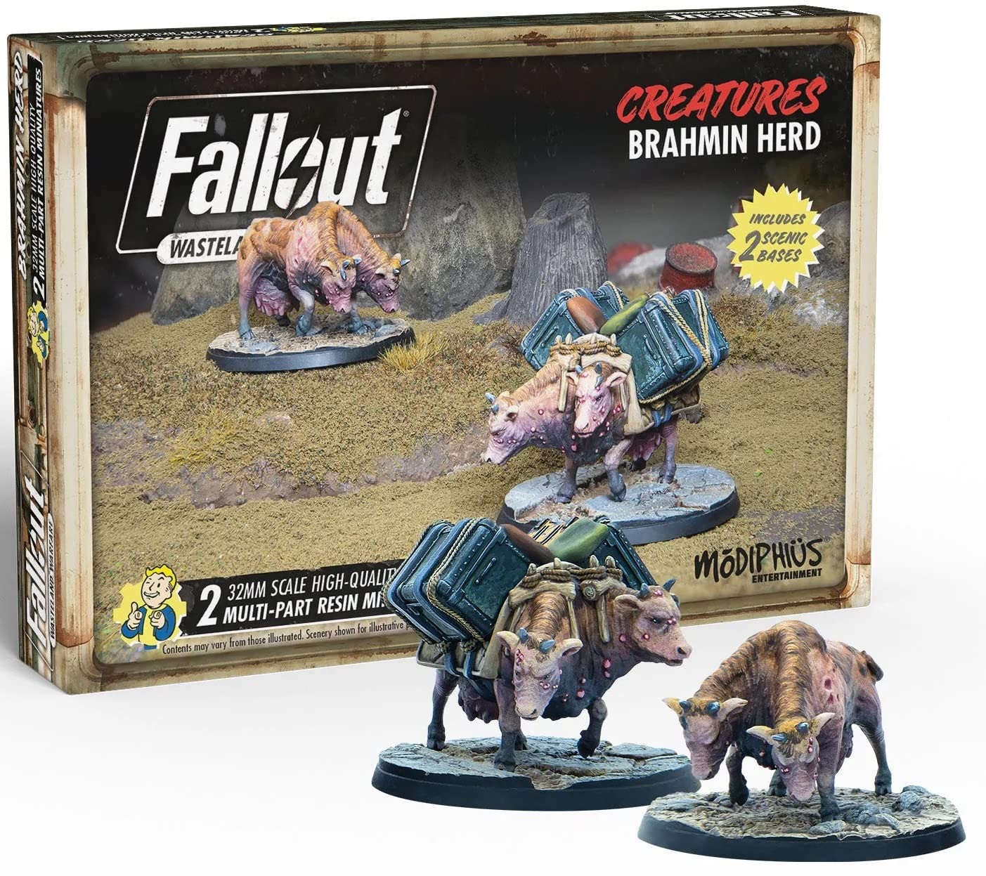 Modiphius Entertainment: Fallout: Wasteland Warfare - Creatures: Brahmin Herd - 2 Figures, 32Mm Unpainted Resin Rpg Miniatures, Commonwealth Wave