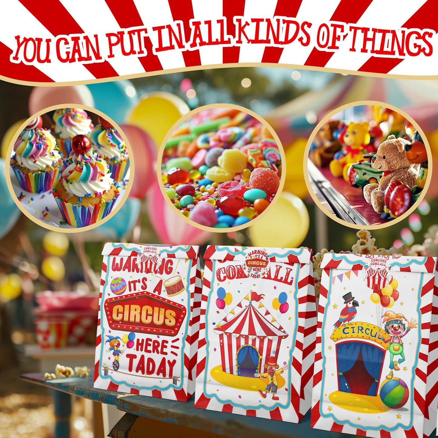 Hapibidesign Circus Party Favor Bags - 24 Pcs Carnival Party Candy Bags With Stickers - Carnival Goodie Gift Treat Bags - Waterc