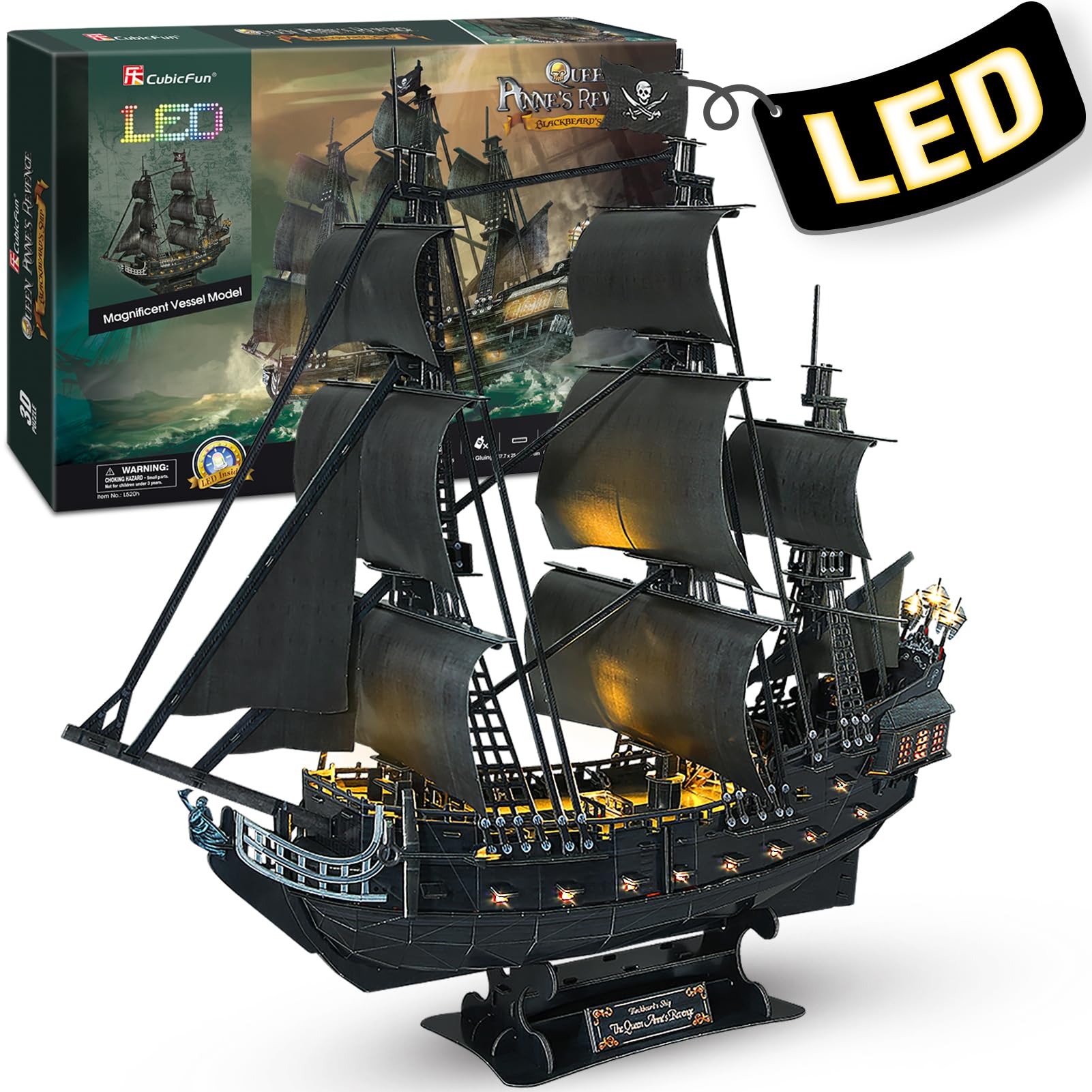 CubicFun 3D Puzzles for mature-themeds - Led Pirate Ship Queen Anne's Revenge - Large 27'' Sailboat Puzzles - Desk Decor  Anniversary  Christmas Teacher Appreciation Gifts mature-themed Stocking Stuffers