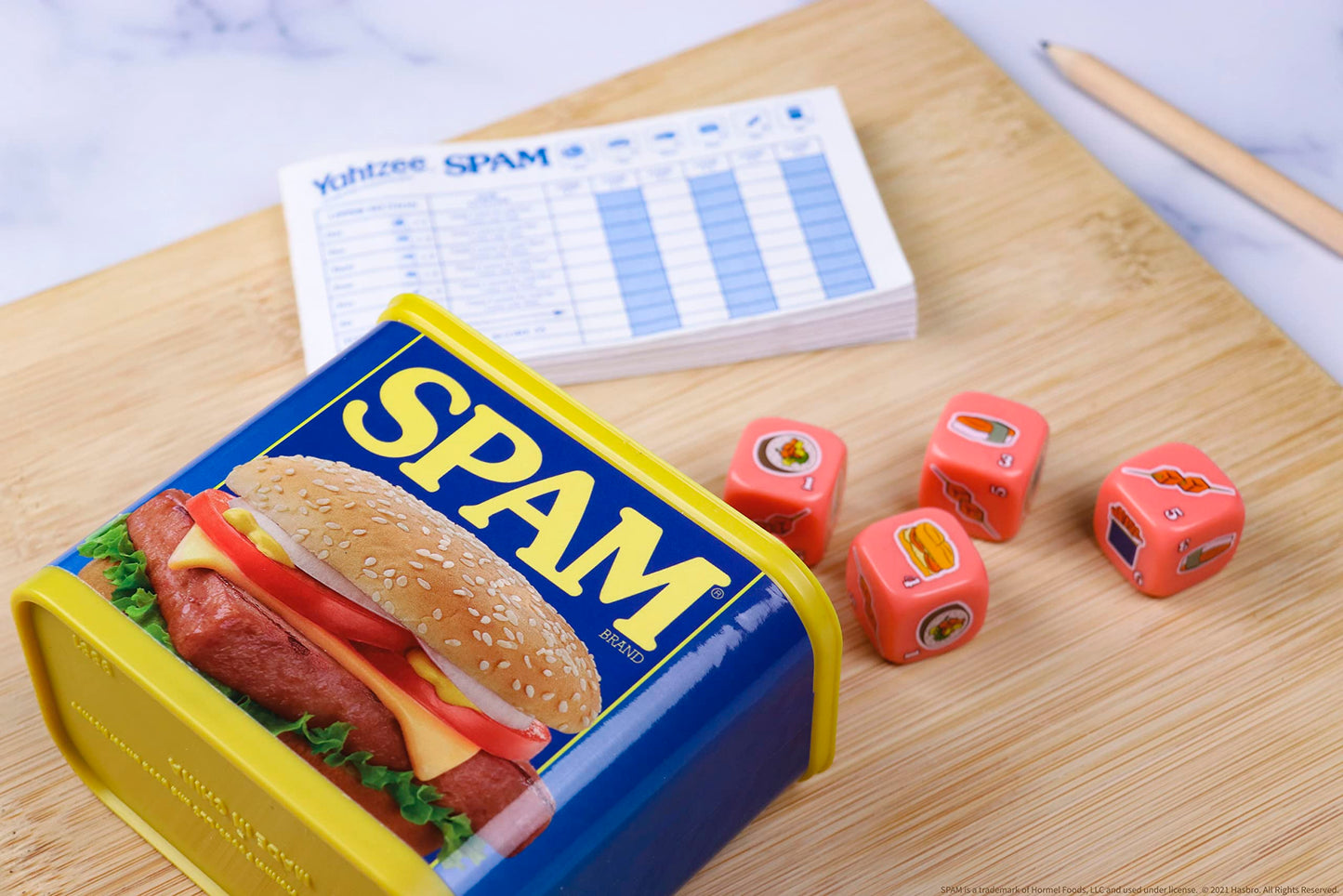 YAHTZEE Spam Brand | Collectible Yahtzee Game as Iconic Spam Can with Custom Dice | Dice Featuring Fried Spam, Spam Musubi, Spam