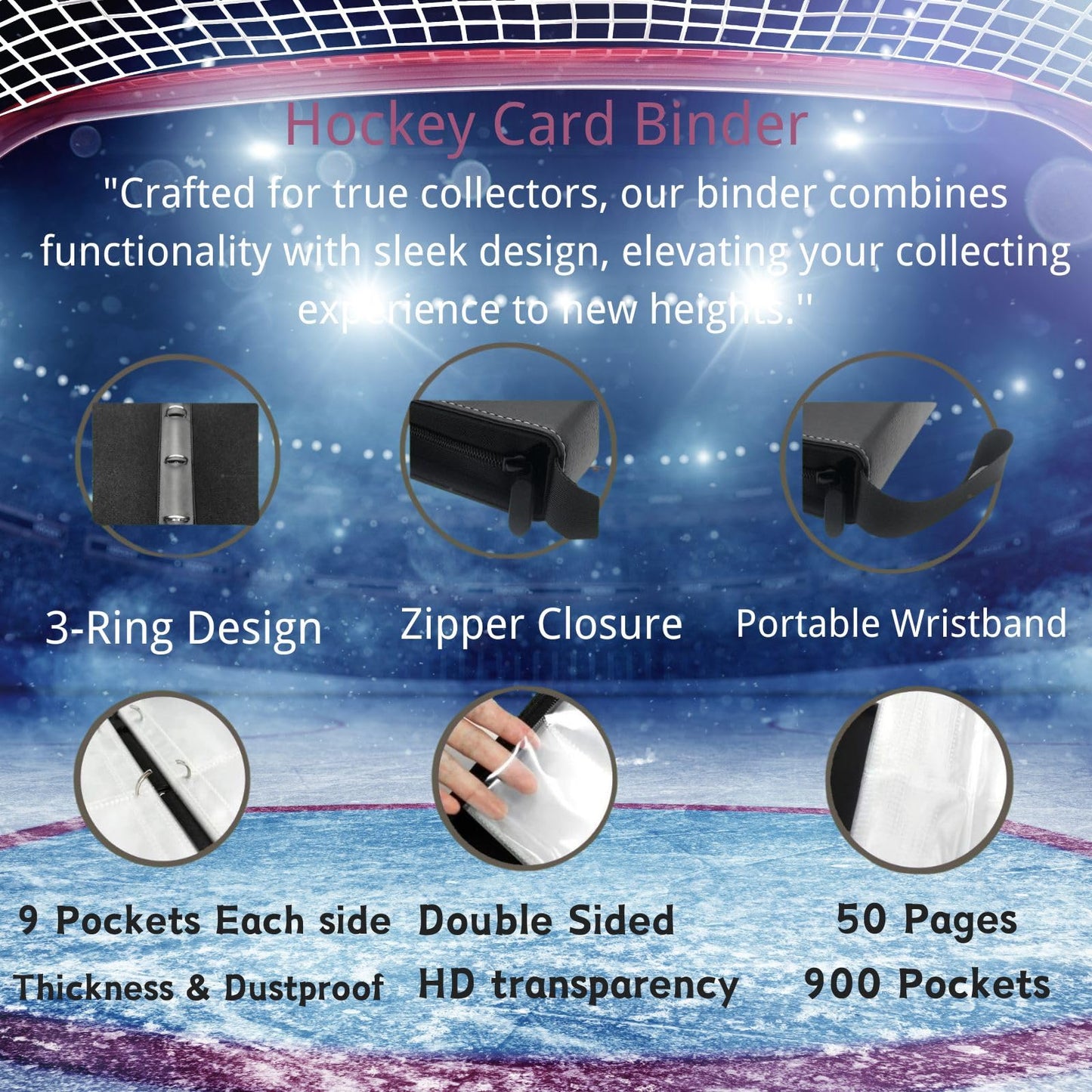 Hockey Card Binder 900 Pockets  Trading Card Binder Sports Card Binder 50 Removable Double Sided Sleeves with Zipper 3-Ring  Hockey Card Holder Baseball Football Soccer Collector Storage Album