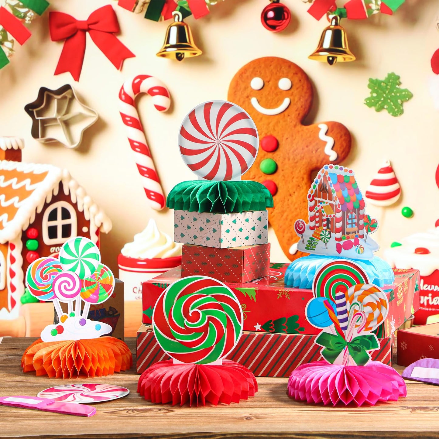 Chrisfall 12 Pack Christmas Candy Table Centerpieces, Honeycomb Holiday Party Decorations, Easy 3D Assembly, Table Toppers for X