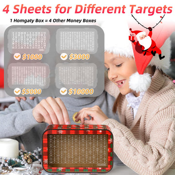 Christmas 4-In-1 Wooden Money Saving Challenge Box - Fully Assembled Piggy Bank ($1000/$3000/$5000/$10000) - Kakeibo Money Box W