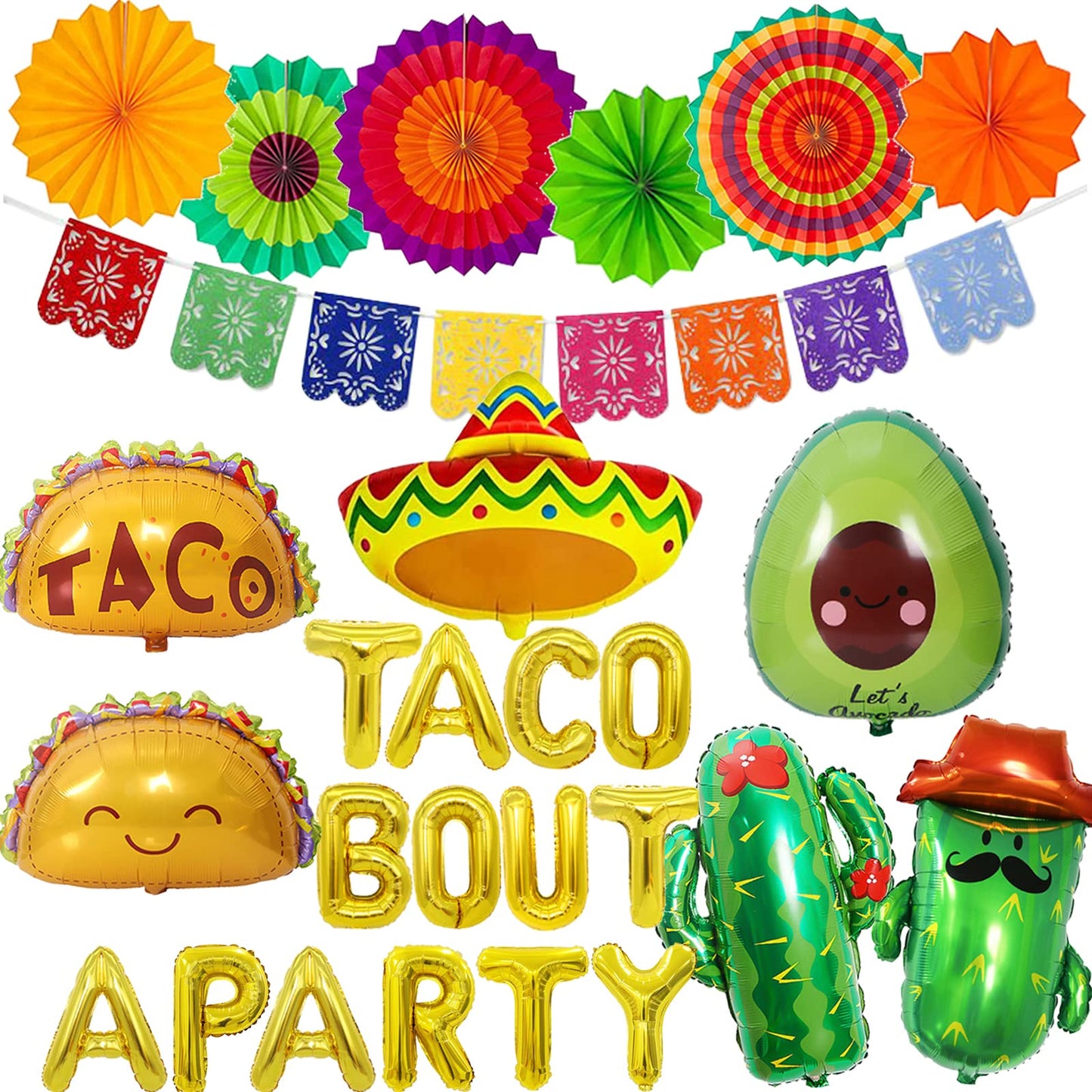26 Pcs Taco Bout A Party Decoration, Fiesta Party Decorations Include Paper Fans Fiesta Banner Taco Cactus Avocado Sombrero Foil