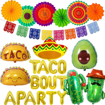 26 Pcs Taco Bout A Party Decoration, Fiesta Party Decorations Include Paper Fans Fiesta Banner Taco Cactus Avocado Sombrero Foil