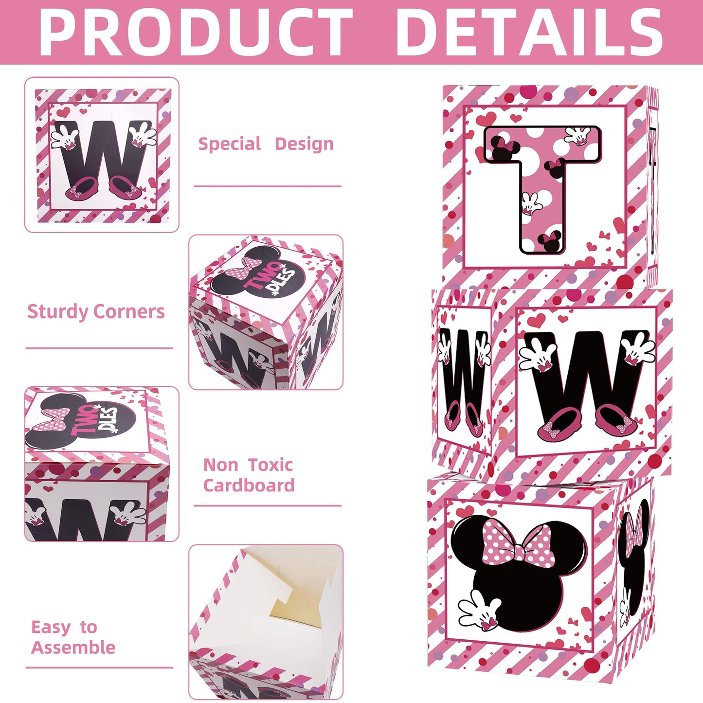 2Nd Birthday Party Favors Balloon Boxes Supplies For Baby, Girls 3Pcs Pink Mouse Theme Two Year Old Balloon Boxes, 'Two' Letters