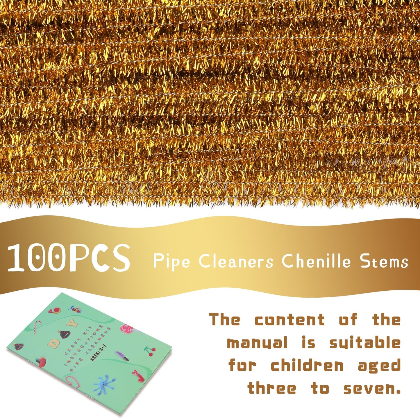 Giwrmu 100 Pieces Pipe Cleaners Chenille Stem, Golden Pipe Cleaners Craft, Fuzzy Sticks Craft Supplies, Colored Pipe Cleaner for