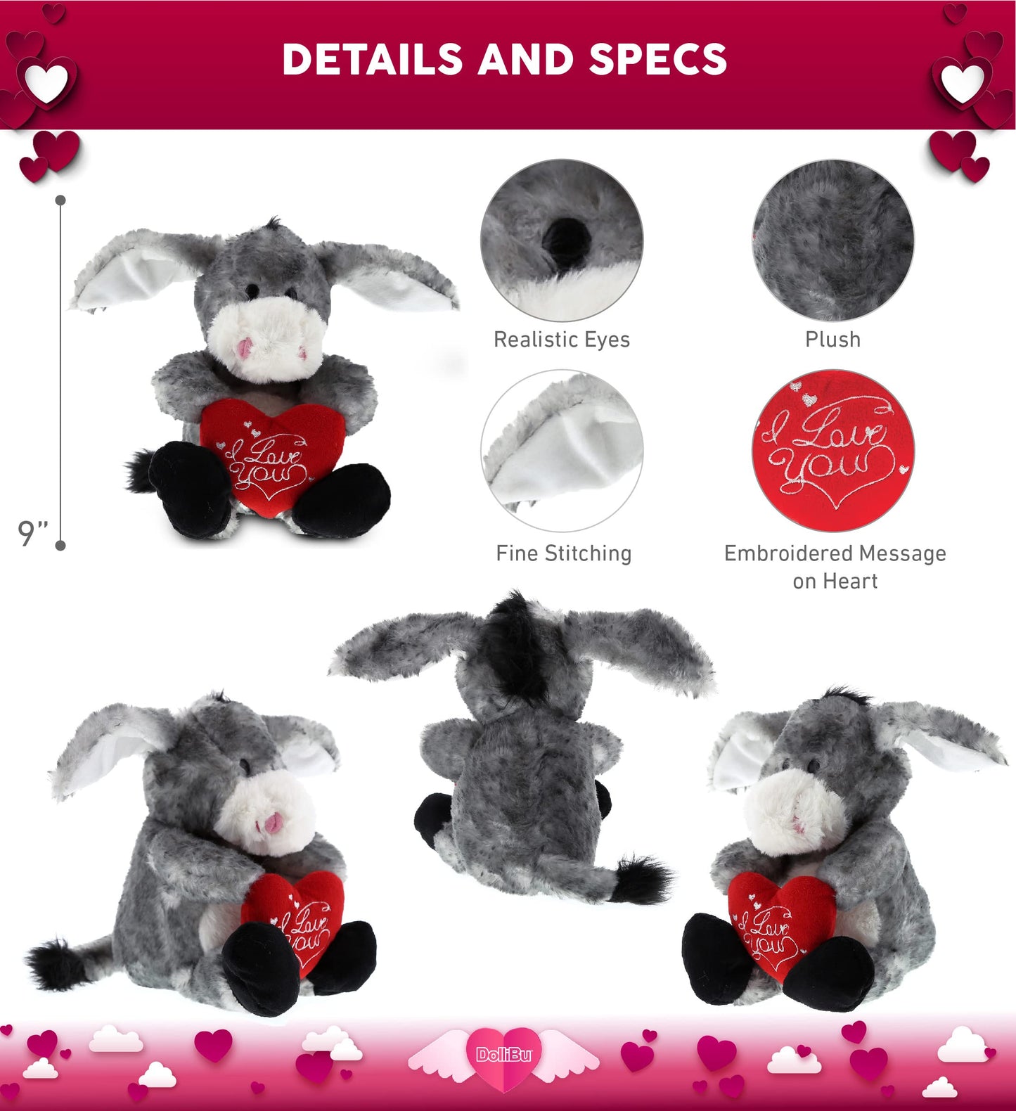 Dollibu I Love You Valentine Plush Itting Grey Donkey - Cute Stuffed Animal With Red Heart And Name Personalization Gift For Valentines Day, Birthday, Anniversary, Romantic Date - 9 Inches
