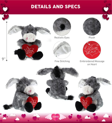 Dollibu I Love You Valentine Plush Itting Grey Donkey - Cute Stuffed Animal With Red Heart And Name Personalization Gift For Valentines Day, Birthday, Anniversary, Romantic Date - 9 Inches