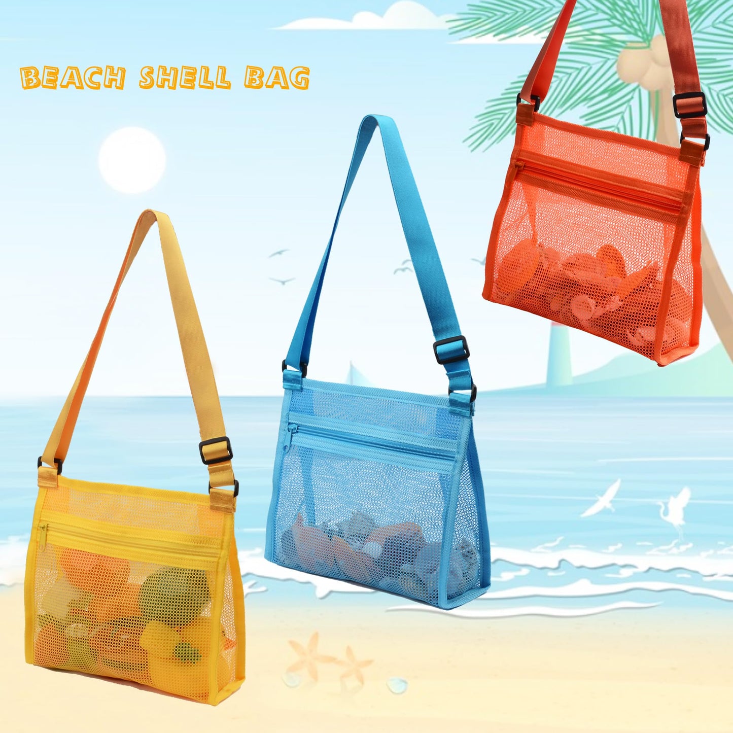 MUYIZI Mesh Beach Shell Collecting Bags - Large Multicolored Nylon (Blue, Yellow, Orange) - 3 Pack for Kids