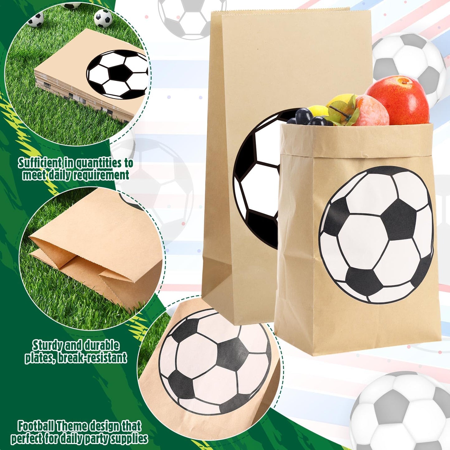 Watersay 100 Pcs Soccer Party Favor Bags 12 x 6 x 4 Soccer Kraft Paper Goodie Treat Candy Food Bags for Sports Themed Party Favo