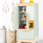 Pillowhale Wooden Play Refrigerator with Ice Maker - Mint Green Kids Fridge Toy, 4 Wooden Ice Cubes & Cup, Quiet Click Handle, M
