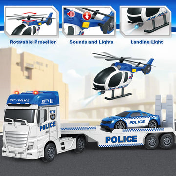 Bstoyder Toddler Boy Toys for 3 4 5 6 7 Years Old Kids, 25'' Semi Truck Toy with Racing Car and Helicopter, Friction Powered Pol