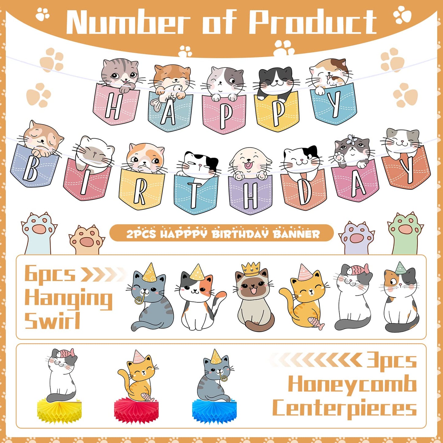 Chinco 16 Pcs Cat Theme Birthday Party Decorations Party Supplies Kit, Includes Cat Party Banner With 6 Hanging Cutouts 6 Hanging Swirl Decor And 3 Birthday Honeycomb Party Decoration(Cartoon Style)