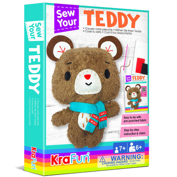 Krafun Teddy Bear Animal Sewing Kit For Kids Beginner My First Art & Craft, Includes Teddy Doll Stuffed Doll, Instructions & Plush Felt Materials For Learn To Sew, Embroidery, Age 7 8 9 10 11 12