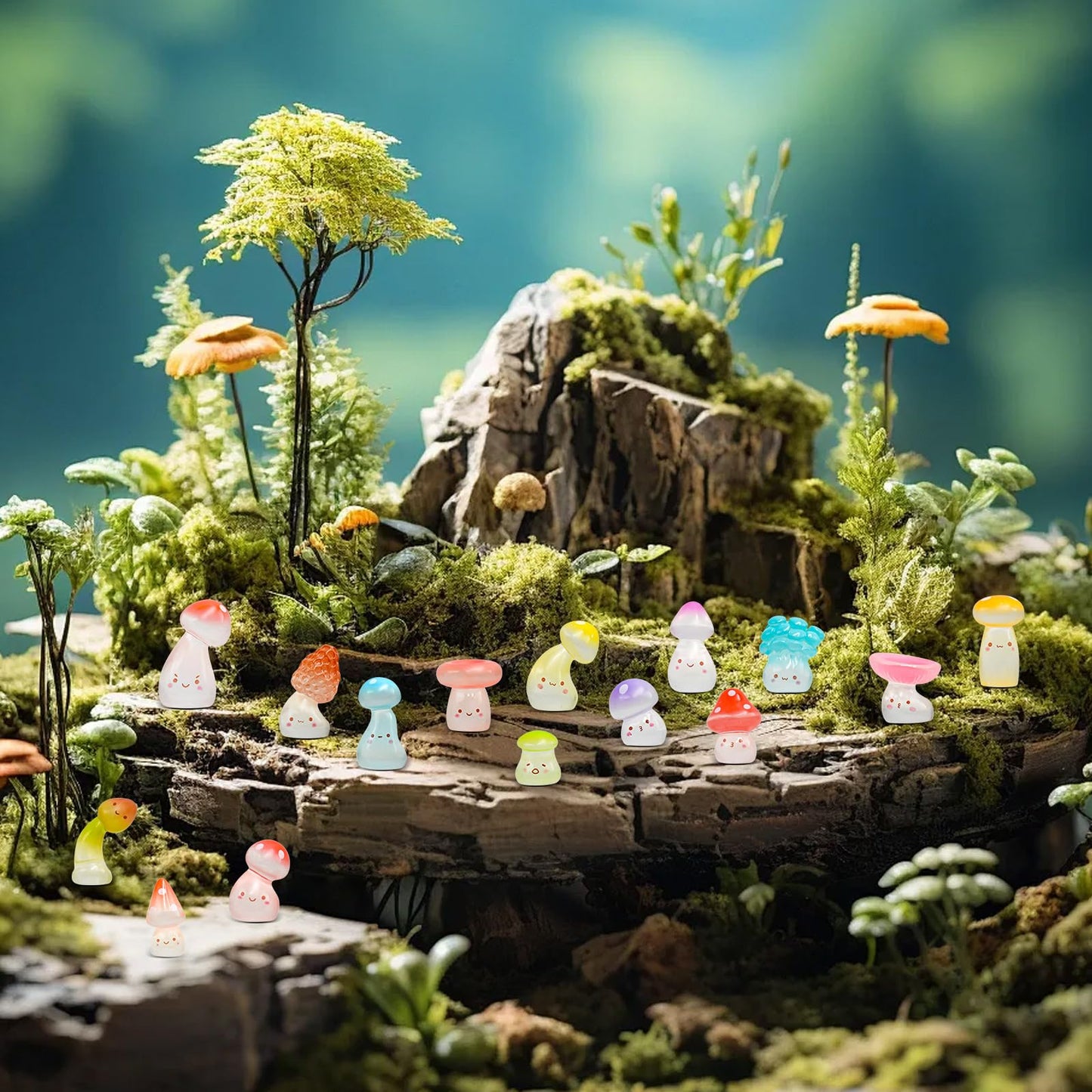 WOZADU 30 PCS Luminous Mini Resin Mushrooms Figurines for Dollhouse Decoration Tiny Resin Miniature Things for Fairy Garden Micro Landscaping Decoration Cake Toppers Decor