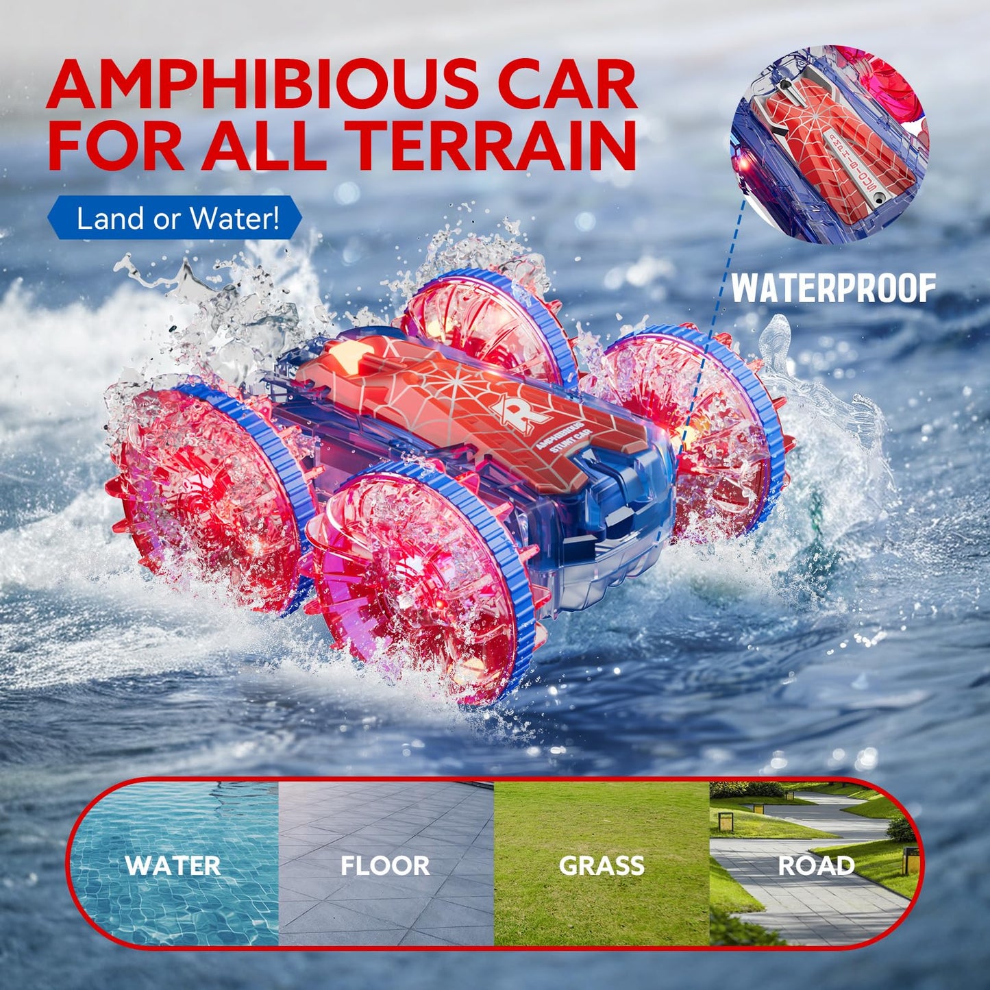Waterproof RC Cars for Kids with LED Lights, Remote Control Car for Boys Age 4-7 8-12 4-8, Amphibious 4WD Stunt Car Swimming Poo