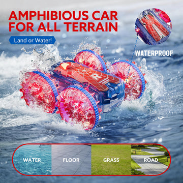 Waterproof RC Cars for Kids with LED Lights, Remote Control Car for Boys Age 4-7 8-12 4-8, Amphibious 4WD Stunt Car Swimming Poo