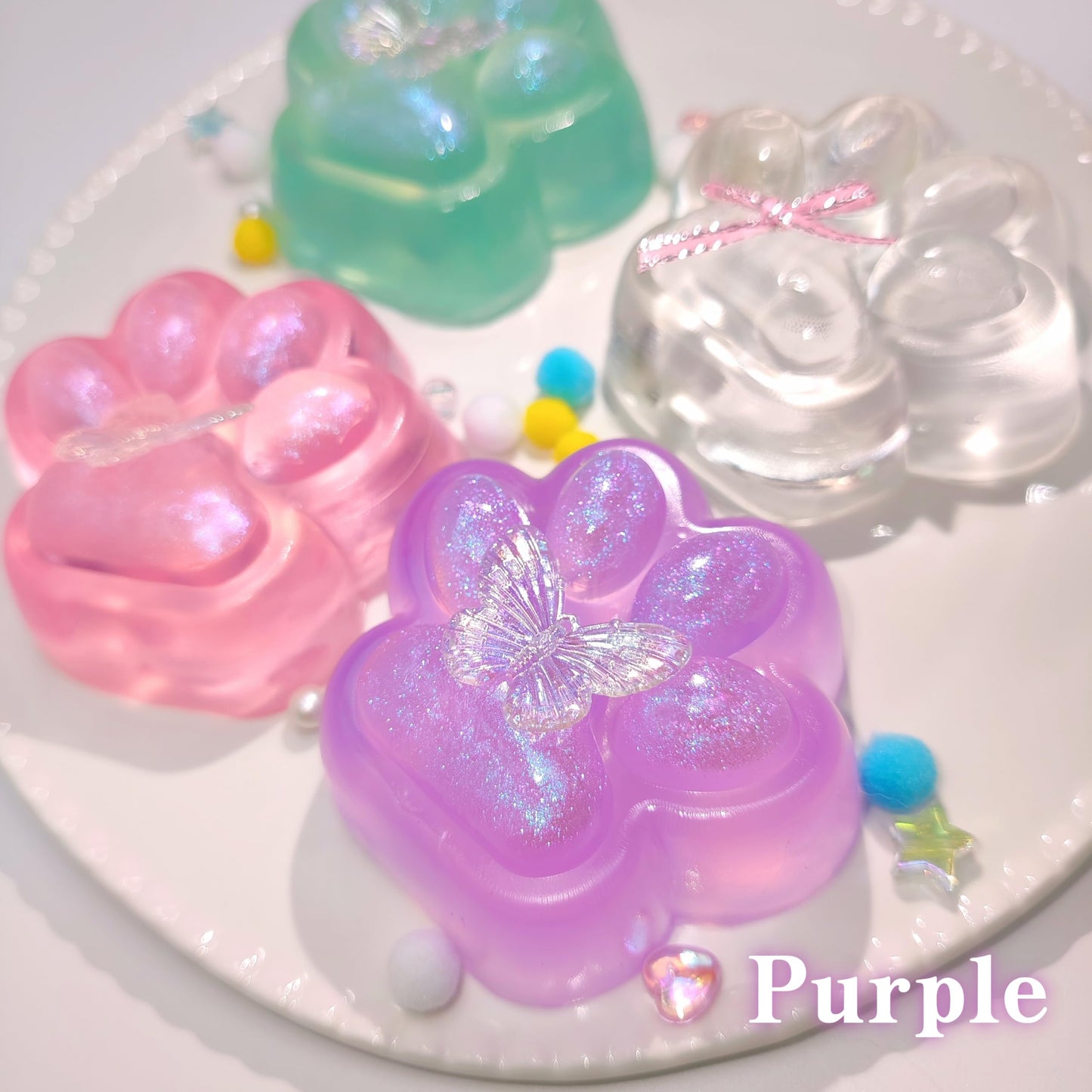 2.76 Inch 4Pcs Squishy Toys Cat Paw Handmade Squeeze, Vibrant Glitter Transparent Cat Paws, Cute Soft Squishys For Stress Relief